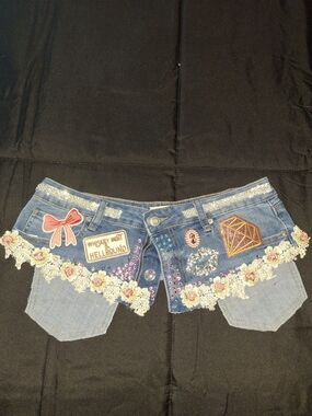 Decorative Denim Belt with Floral Lace and Embellishments - Blue